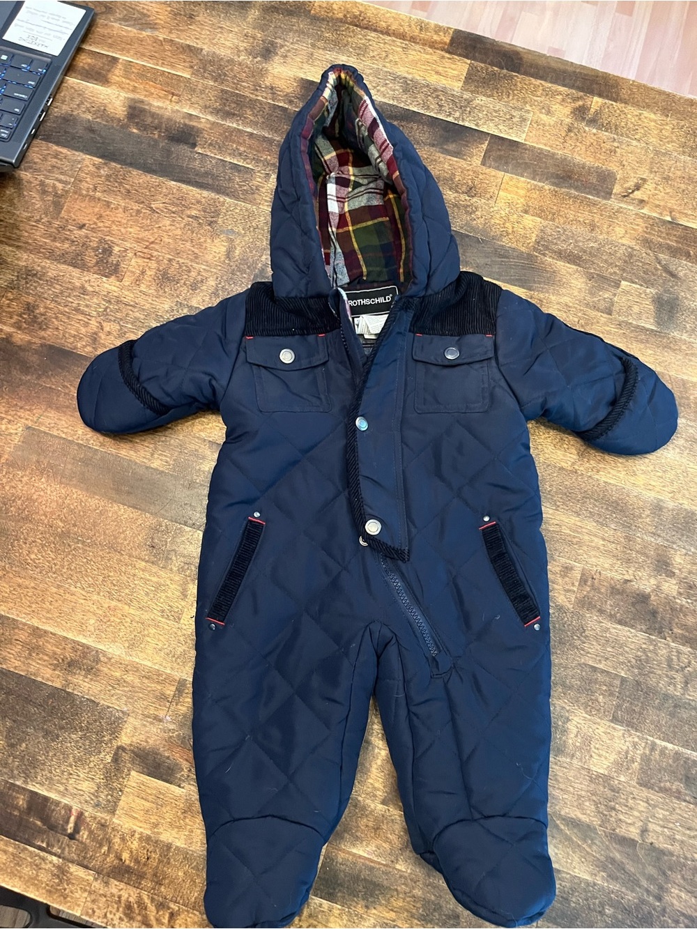 Rothschild Navy Quilted Hooded Baby Snowsuit with Plaid Lining size 3-6 months